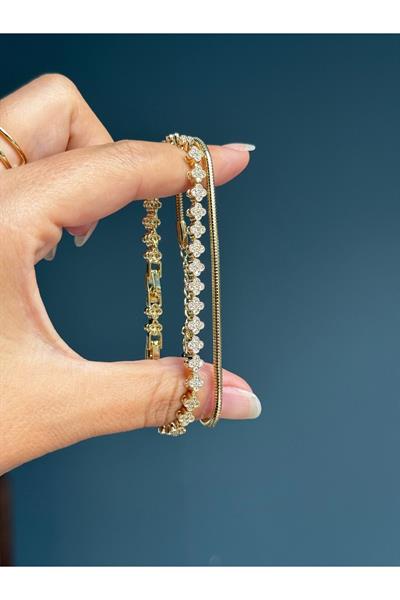 14K gold renk,yonca ve yılan zincir 2'li kombin bileklik 🍀