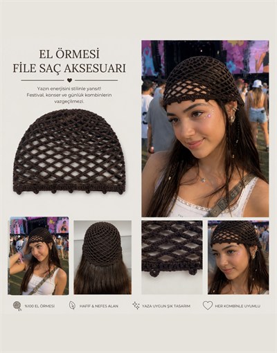 KOFİ-13/15 yaş sezonun en sevilen acı kahverenginde handmade file saç aksesuarı