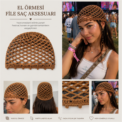 KOFİ-13/17 yaş sezonun en sevilen Camel renginde handmade file saç aksesuarı