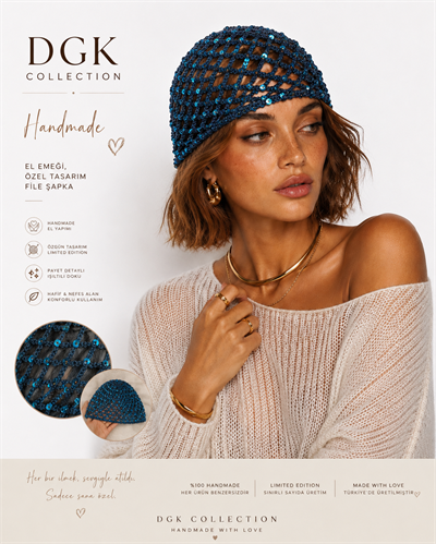 LORİ-Petrol mavisi pul payetli handmade file saç aksesuarı