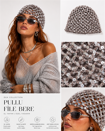 Vizon rengi gümüş pul payetli,handmade file şapka