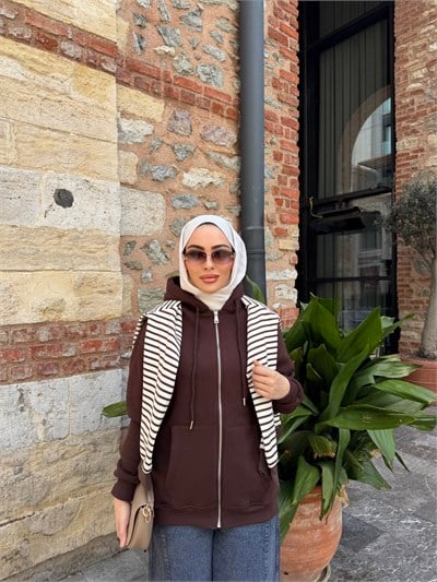  Kesna Fermuarlı Kapşonlu Sweat - Kahve