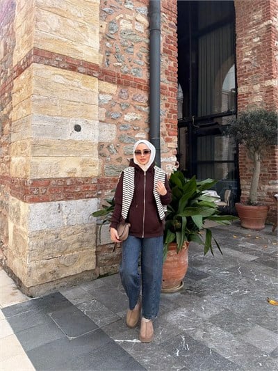  Kesna Fermuarlı Kapşonlu Sweat - Kahve