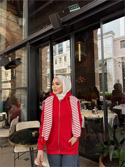  Kesna Fermuarlı Kapşonlu Sweat - Kırmızı