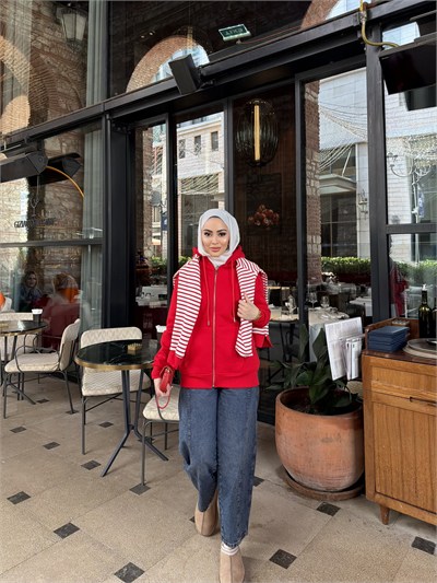  Kesna Fermuarlı Kapşonlu Sweat - Kırmızı