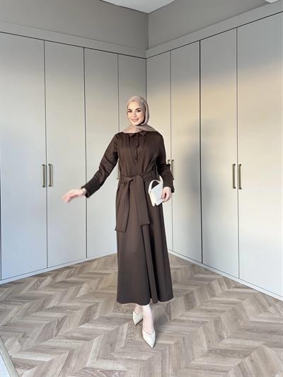 Alev Düğmeli Elbise -Kahve