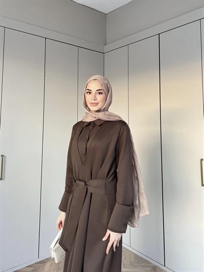 Alev Düğmeli Elbise -Kahve