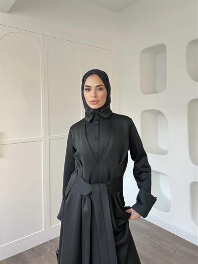 Alev Düğmeli Elbise -Siyah