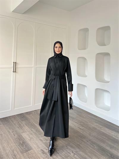 Alev Düğmeli Elbise -Siyah