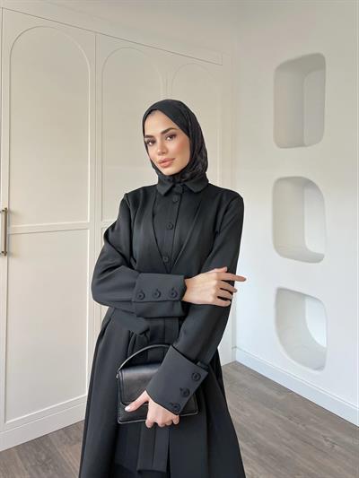 Alev Düğmeli Elbise -Siyah