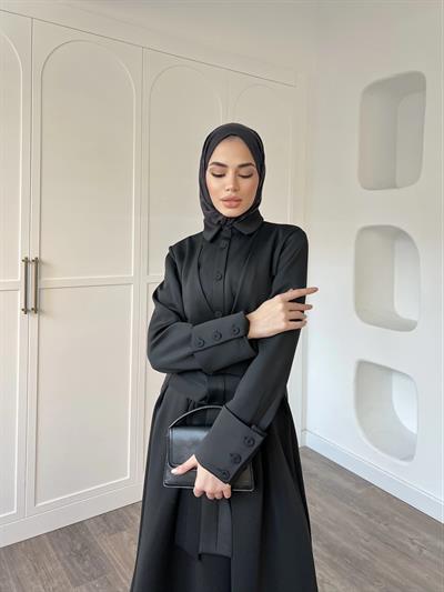 Alev Düğmeli Elbise -Siyah