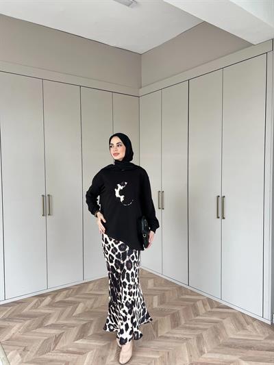 Asude Leopar Detaylı Takım - Siyah