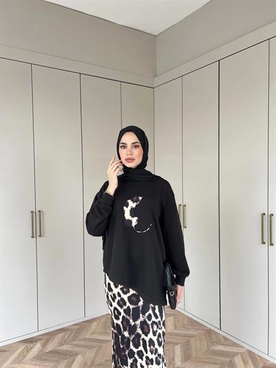 Asude Leopar Detaylı Takım - Siyah
