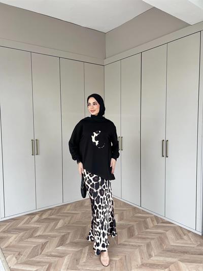 Asude Leopar Detaylı Takım - Siyah