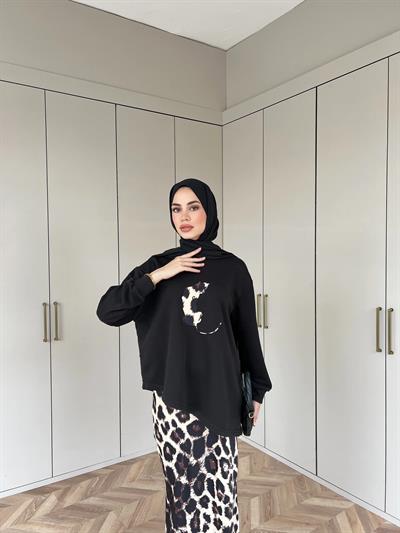 Asude Leopar Detaylı Takım - Siyah