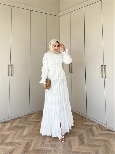 Bollo Büzgü Detay Elbise - Beyaz