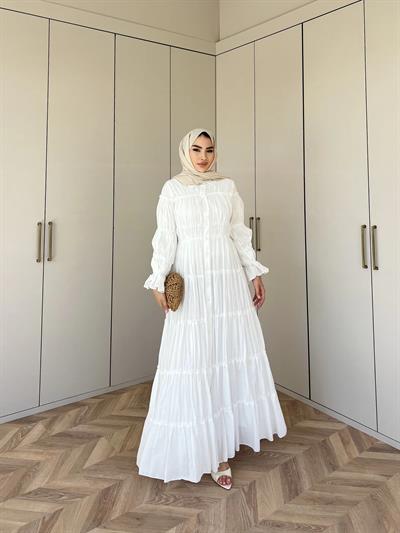 Bollo Büzgü Detay Elbise - Beyaz
