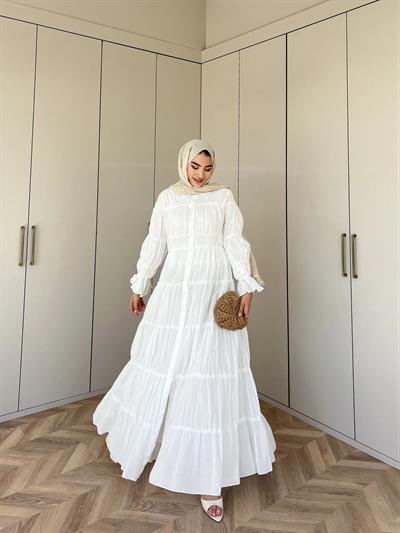 Bollo Büzgü Detay Elbise - Beyaz
