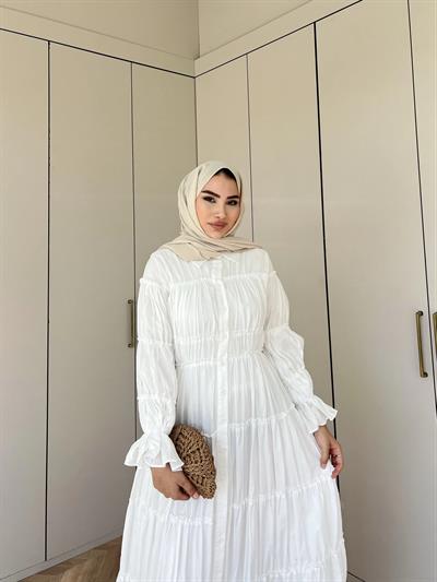 Bollo Büzgü Detay Elbise - Beyaz