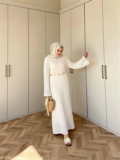 Boncuk Triko Elbise - Krem