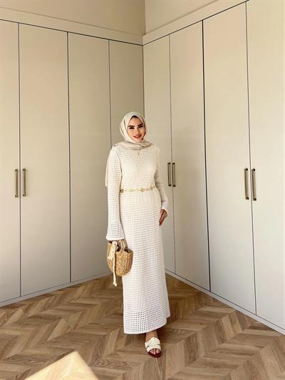 Boncuk Triko Elbise - Krem