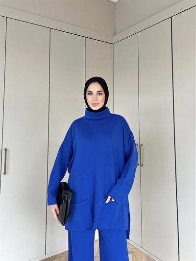 Cep Detaylı Triko Takım - Saks