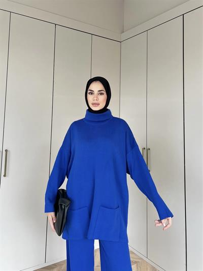 Cep Detaylı Triko Takım - Saks