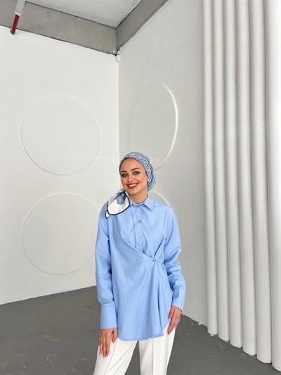 Düğmeli Nurs Gömlek -Mavi