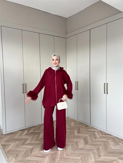 Ela Kürk Detaylı Takım - Bordo