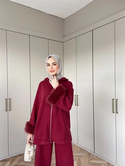 Ela Kürk Detaylı Takım - Bordo