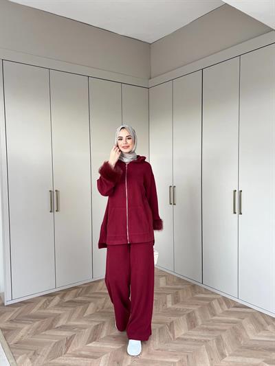 Ela Kürk Detaylı Takım - Bordo