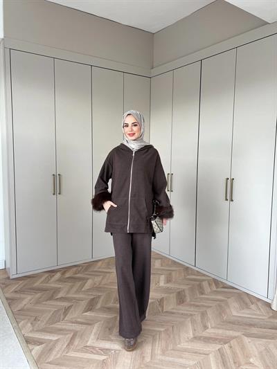 Ela Kürk Detaylı Takım - Kahve