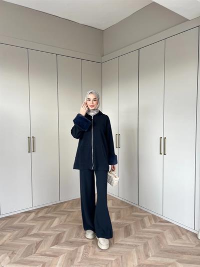 Ela Kürk Detaylı Takım - Lacivert