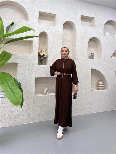 Fermuar Detaylı Triko Elbise Acı Kahve