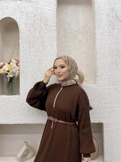 Fermuar Detaylı Triko Elbise Acı Kahve