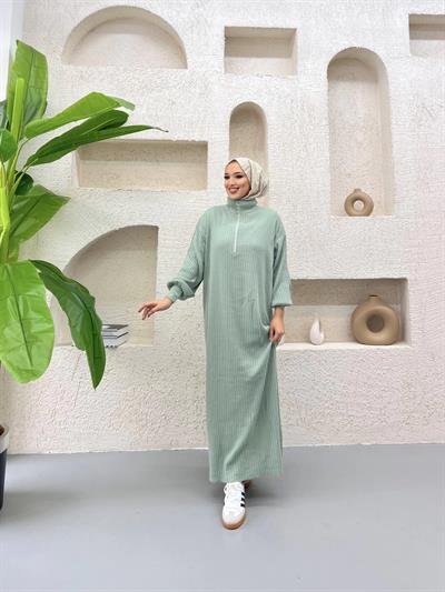 Fermuar Detaylı Triko Elbise Çağla