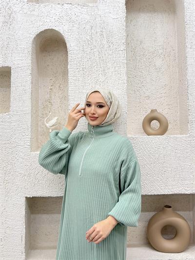 Fermuar Detaylı Triko Elbise Çağla