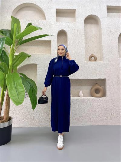 Fermuar Detaylı Triko Elbise Lacivert