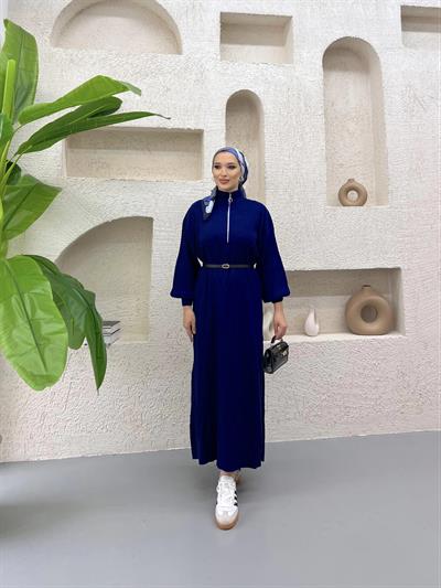 Fermuar Detaylı Triko Elbise Lacivert