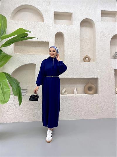 Fermuar Detaylı Triko Elbise Lacivert