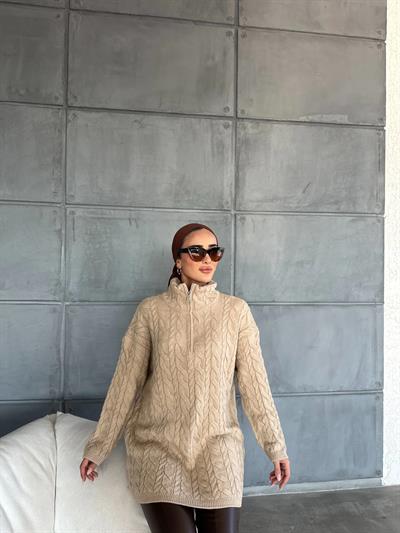 Fermuarlı Örme Kazak Camel