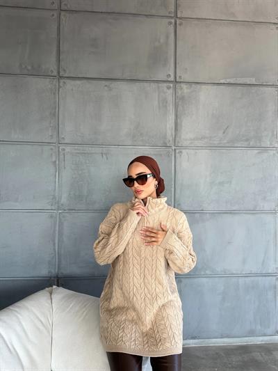 Fermuarlı Örme Kazak Camel