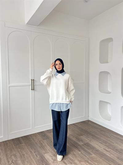 Gömlek Detaylı 3 İplik Sweat - Beyaz