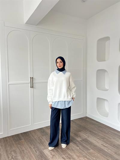 Gömlek Detaylı 3 İplik Sweat - Beyaz