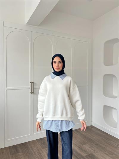 Gömlek Detaylı 3 İplik Sweat - Beyaz