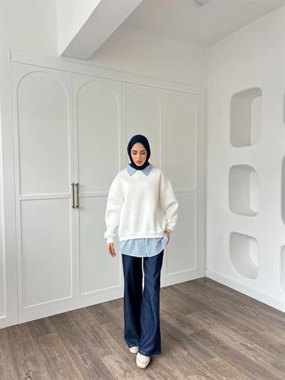 Gömlek Detaylı 3 İplik Sweat - Beyaz