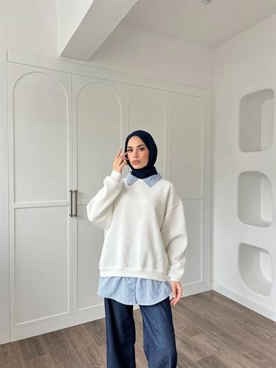 Gömlek Detaylı 3 İplik Sweat - Beyaz