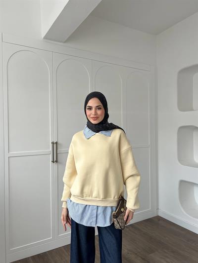 Gömlek Detaylı 3 İplik Sweat - Krem