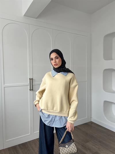 Gömlek Detaylı 3 İplik Sweat - Krem