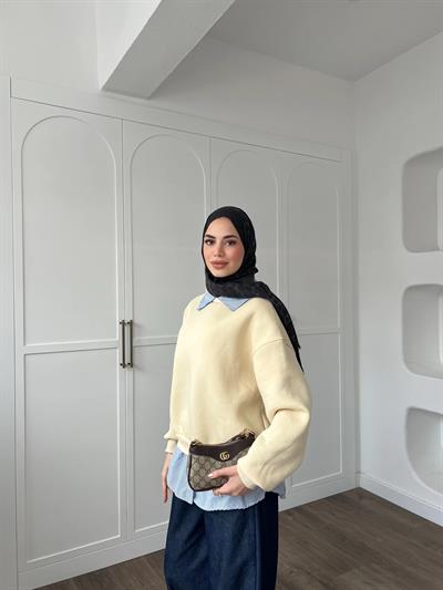 Gömlek Detaylı 3 İplik Sweat - Krem